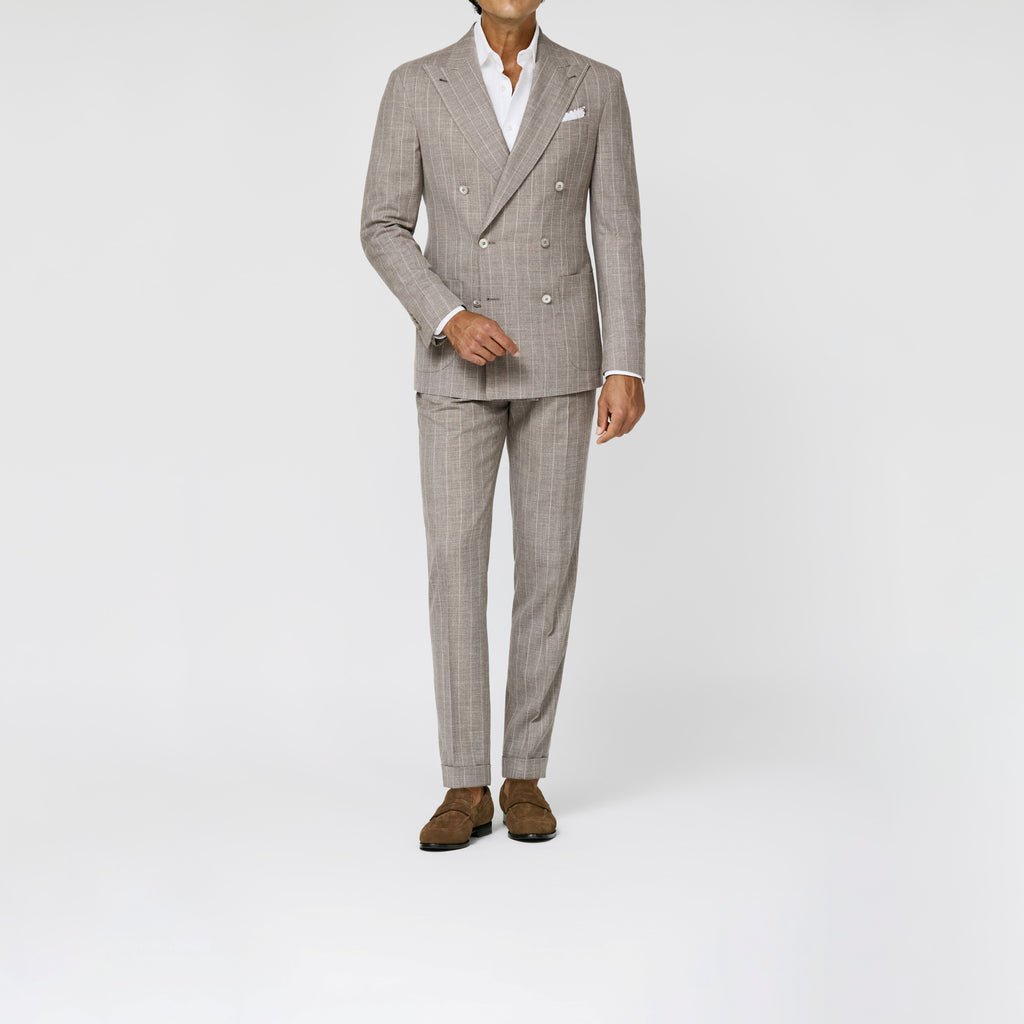 Light Taupe Wool Silk Linen Pencil Stripe Suit