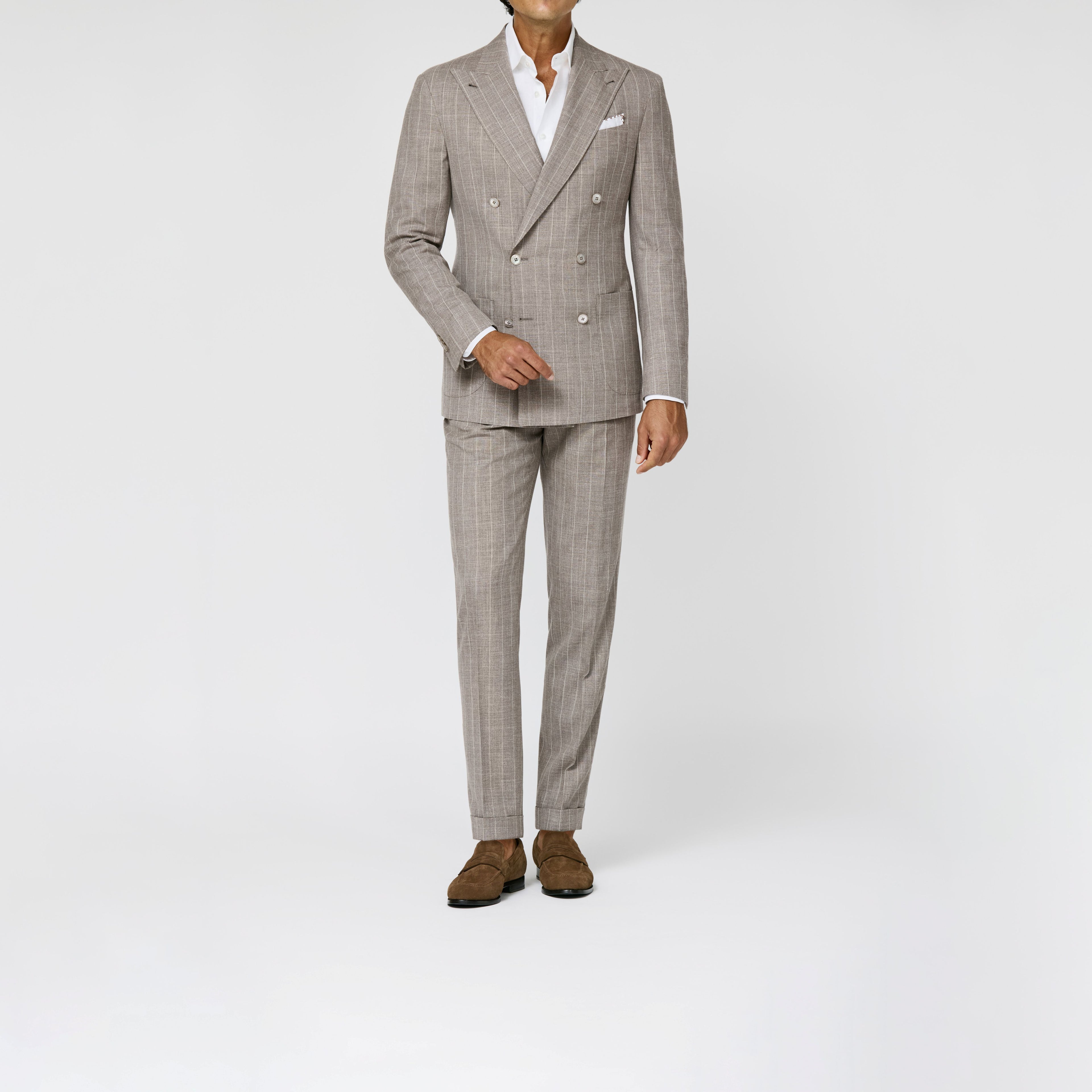 Light Taupe Wool Silk Linen Pencil Stripe Suit