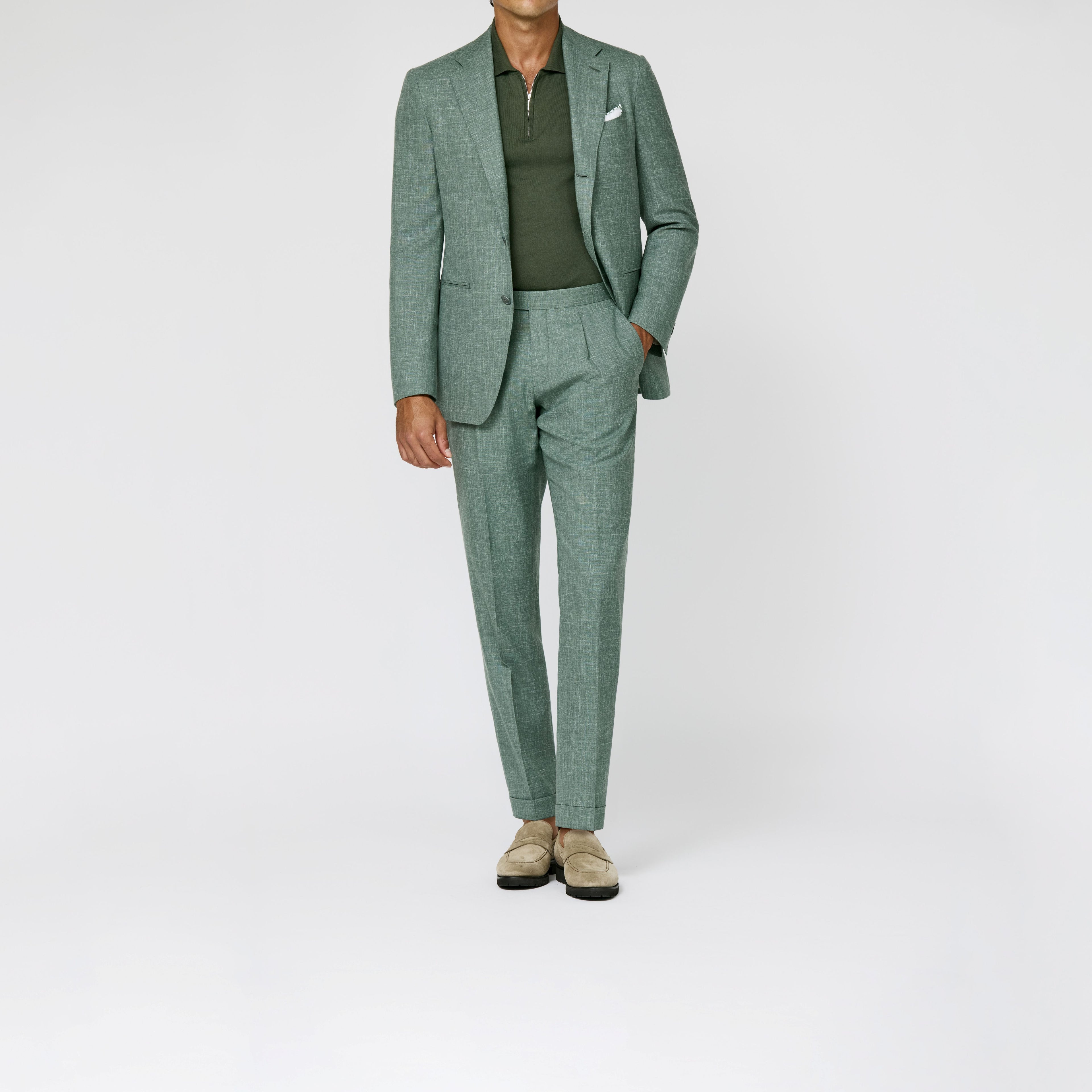 Dark Sage Wool Silk Linen Tropical Suit